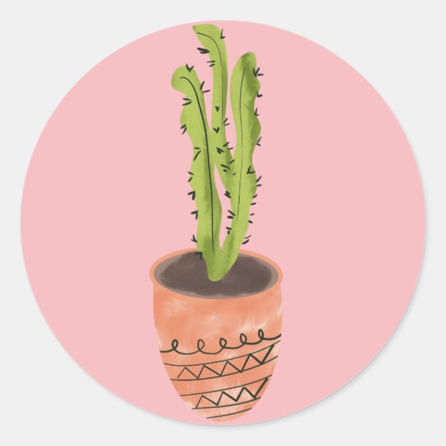 Cactus Plant Terracotta Hand Drawn Pink  Classic Round Sticker (Front)