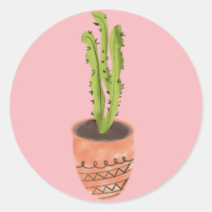 Cactus Plant Terracotta Hand Drawn Pink Classic Round Sticker