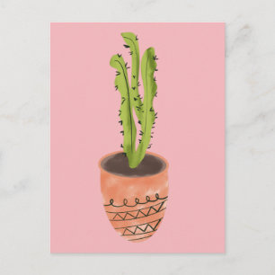 Cactus Plant Terracotta Hand Drawn Pink  Postcard