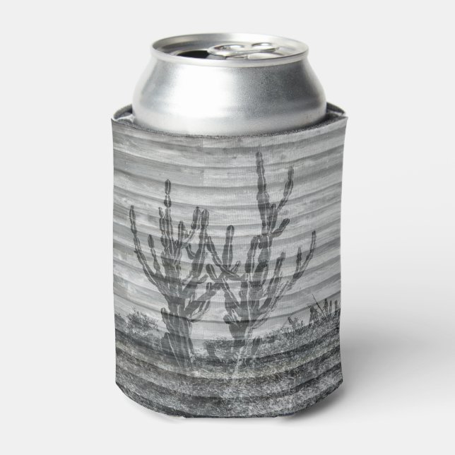 Cactus Plants On Wood Planks Black And White Photo Can Cooler (Can Front)