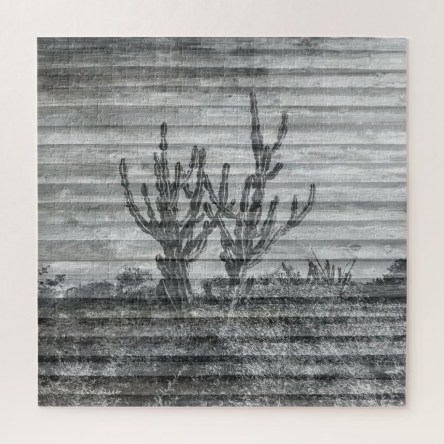 Cactus Plants On Wood Planks Black And White Photo Jigsaw Puzzle (Vertical)