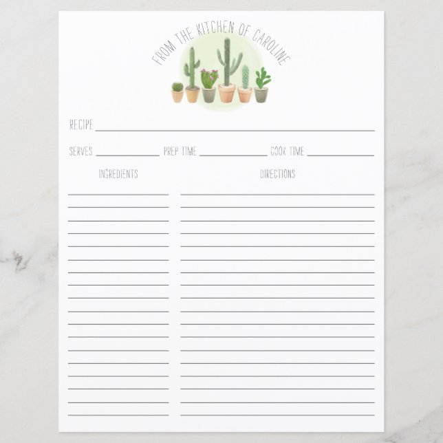 Cactus Plants Succulents Recipe Card Binder Insert (Front)