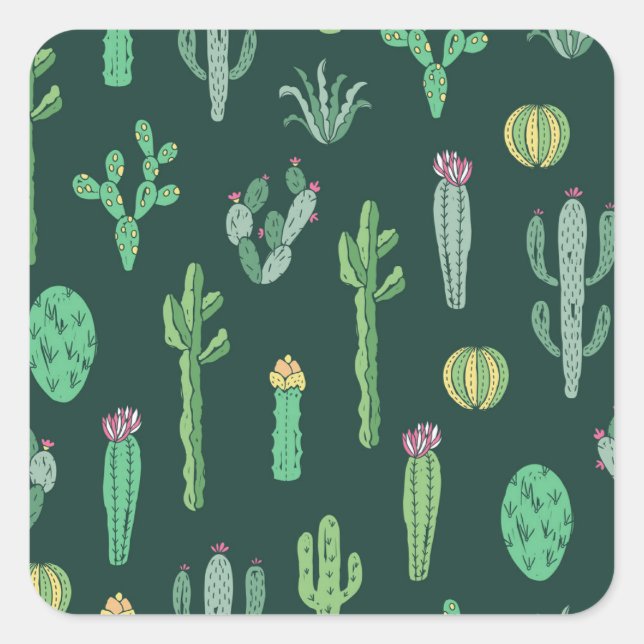 Cactus Plants: Vintage Seamless Background Square Sticker (Front)