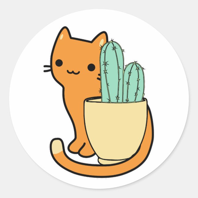 cactus pot and orange cartoon cat classic round sticker (Front)