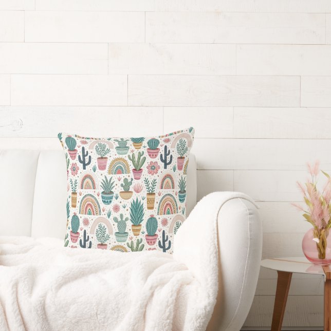 Cactus Pot with Plants, Flowers and Rainbows Cushion (Couch)