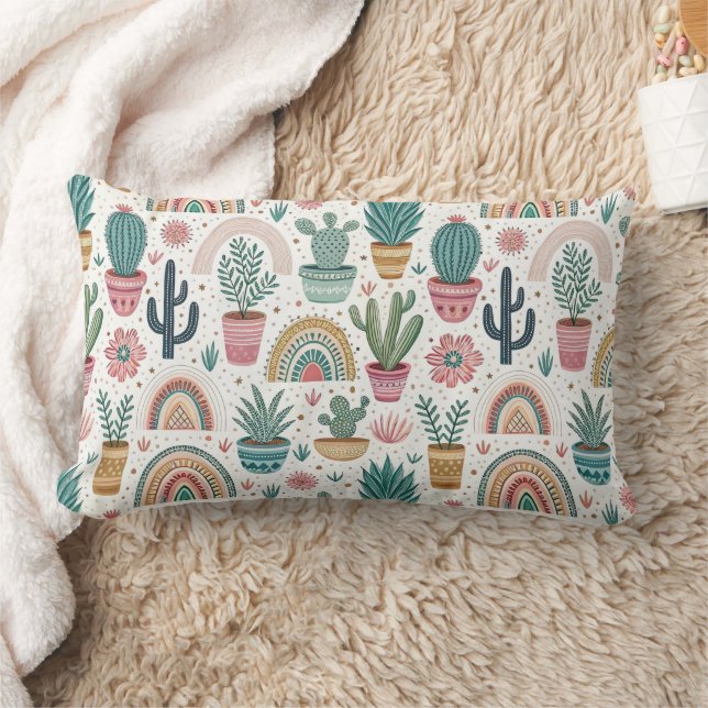 Cactus Pot with Plants, Flowers and Rainbows Lumbar Cushion (Blanket)