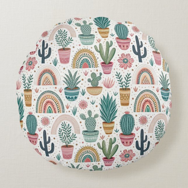 Cactus Pot with Plants, Flowers and Rainbows Round Cushion (Front)