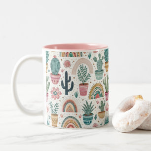Cactus Pot with Plants, Flowers and Rainbows Two-Tone Coffee Mug