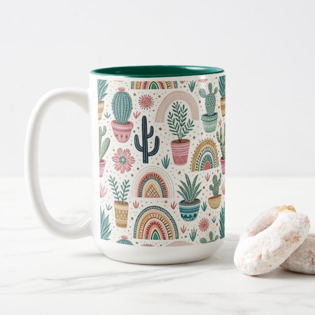 Cactus Pot with Plants, Flowers and Rainbows Two-Tone Coffee Mug (With Donut)