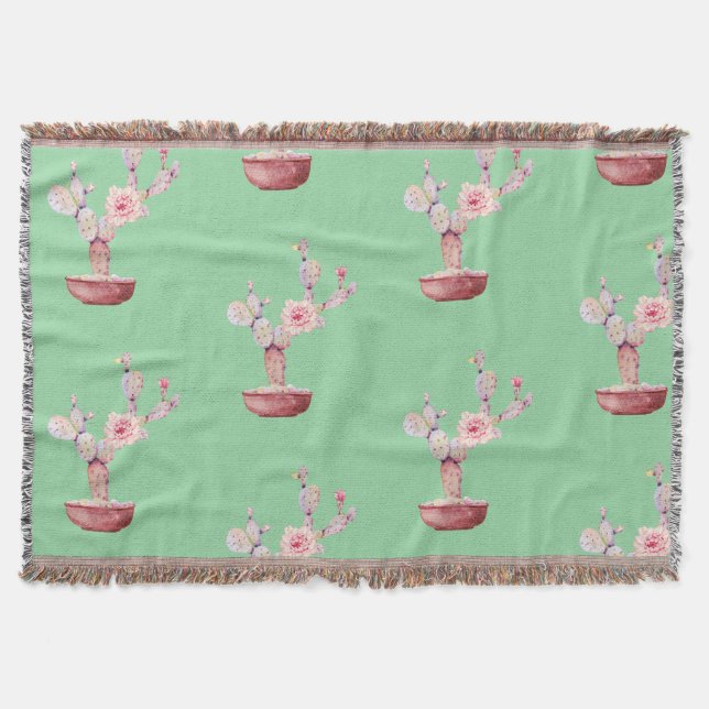 Cactus Prickly Pear Watercolor Green Throw Blanket (Front)