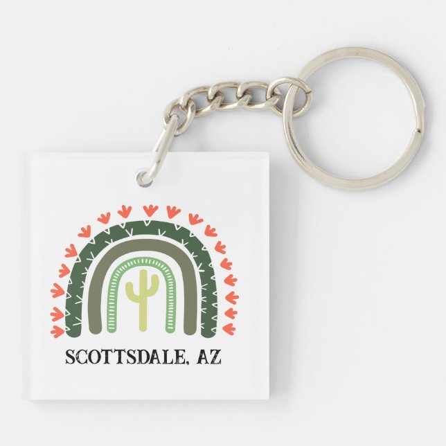 Cactus Rainbow custom text Modern Desert Key Ring (Back)