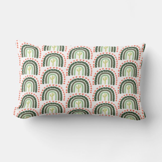Cactus Rainbow Orange Green White Modern Desert Lumbar Cushion (Front)