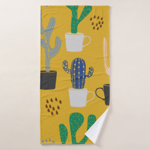 Cactus seamless pattern background. Hand drawn col Bath Towel