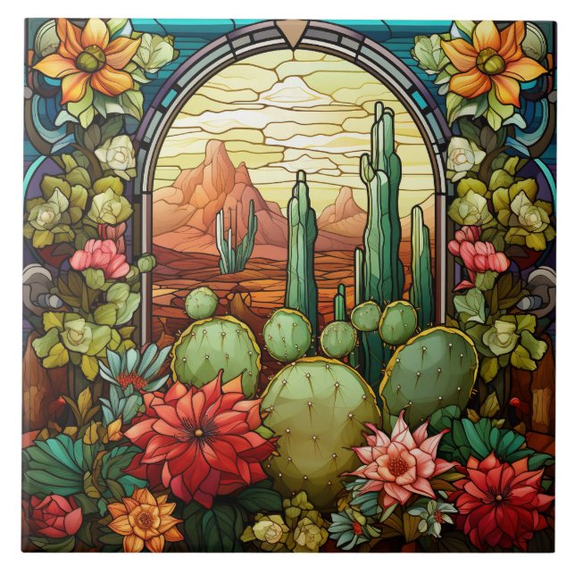 Cactus Stained Glass  Ceramic Tile (Front)