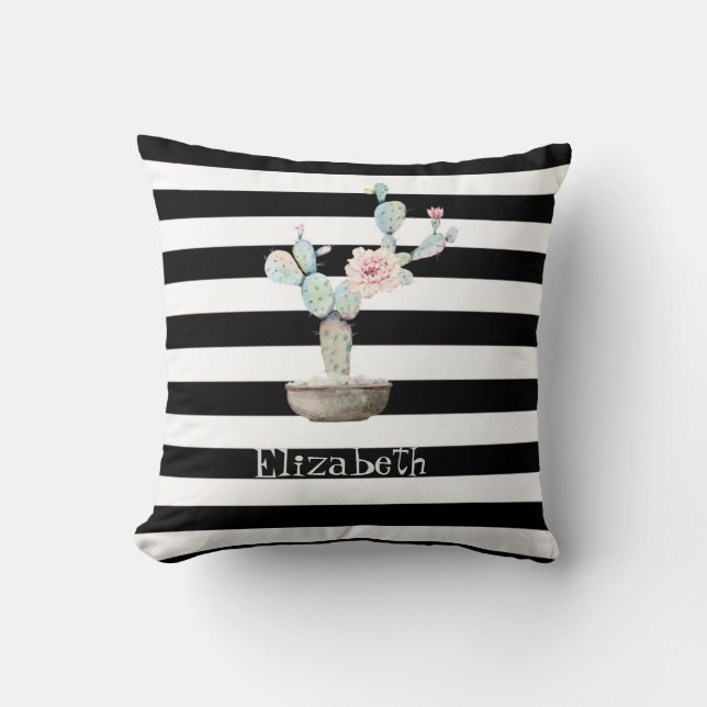 Cactus,Succulent Black White Stripes   Cushion (Front)