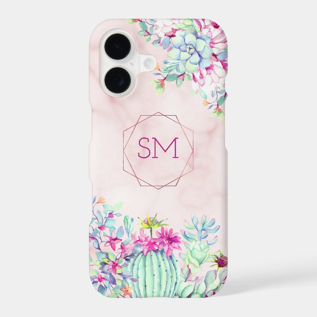 Cactus Succulent Blush Marble Geometric Monogram (Back)
