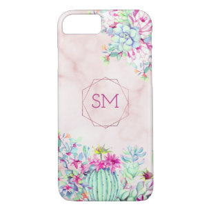Cactus Succulent Blush Marble Geometric Monogram iPhone 8/7 Case