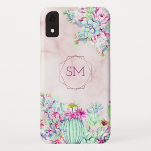 Cactus Succulent Blush Marble Geometric Monogram iPhone XR Case