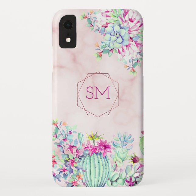 Cactus Succulent Blush Marble Geometric Monogram Case-Mate iPhone Case (Back)