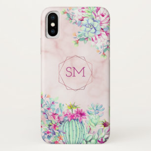 Cactus Succulent Blush Marble Geometric Monogram iPhone X Case