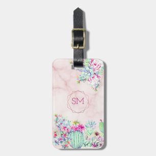 Cactus Succulent Blush Marble Geometric Monogram Luggage Tag