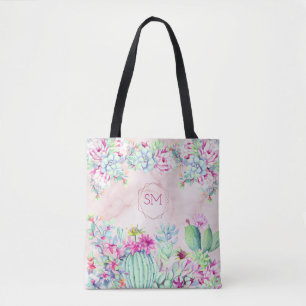 Cactus Succulent Blush  Marble Geometric Monogram Tote Bag