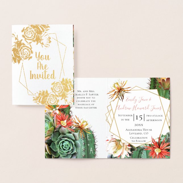 Cactus Succulent Coral Green Real Gold foil Foil Card (Display)
