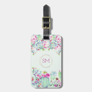 Cactus Succulent Geometric Monogram Luggage Tag