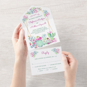 Cactus Succulent Geometric Pink Wedding All In One Invitation