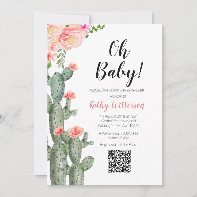 Cactus Succulent girl baby shower Pink Flowers QR Invitation (Front)