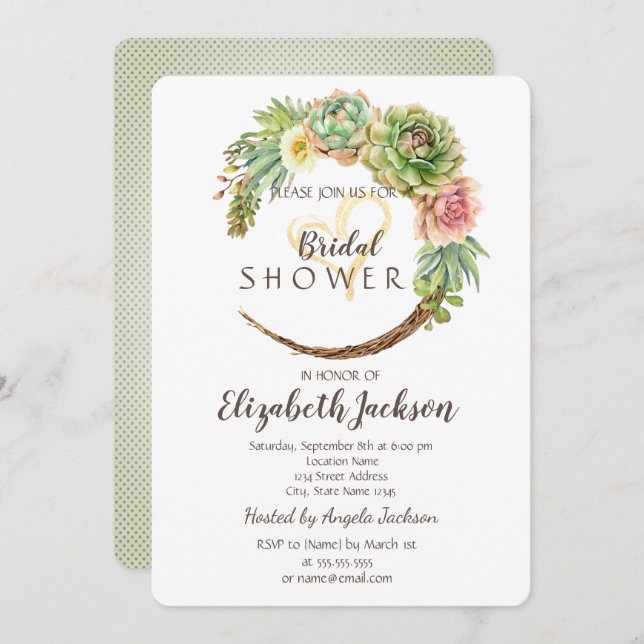 Cactus Succulent Glitter Heart  Bridal Shower Invitation (Front/Back)