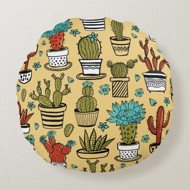 Cactus Succulent: Hand Drawn Sketch Round Cushion (Front)