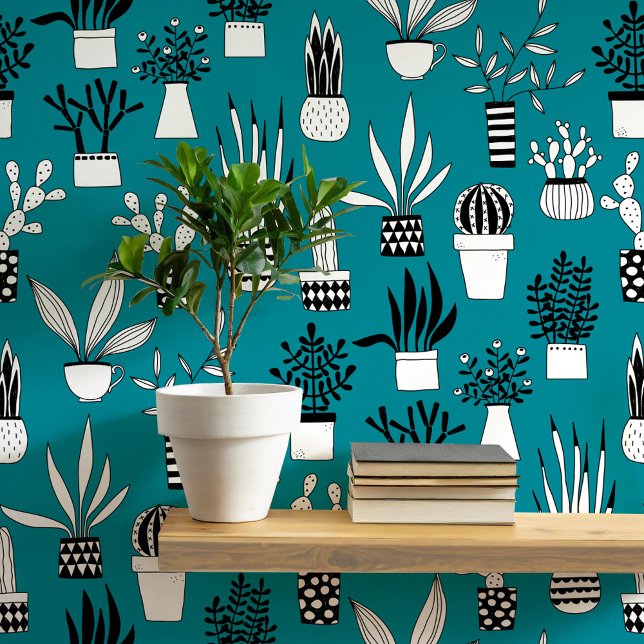 Cactus Succulent House Plant Teal Green Art Wallpaper (Cactus and succulent teal green art wallpaper)