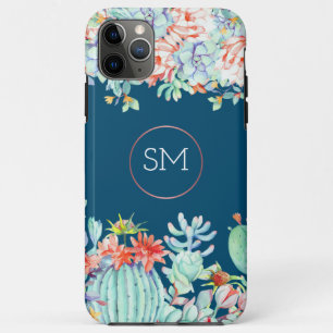 Cactus Succulent Monogram Ocean Blue Monogram iPhone 11 Pro Max Case