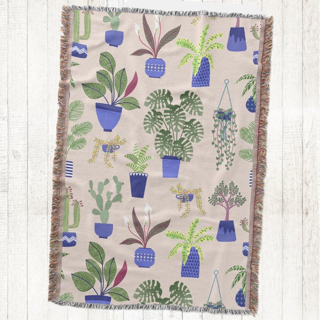 Cactus Succulent Pattern Throw Blanket (Cactus houseplant succulent blush pink green cobalt blue throw blanket)