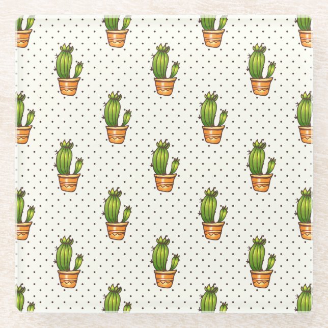 Cactus & Succulent Polk Dot Pattern Glass Coaster (Front)