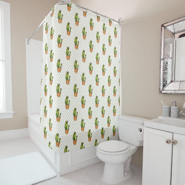 Cactus & Succulent Polk Dot Pattern Shower Curtain (In Situ)