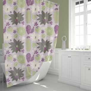 Cactus Succulent Purple Green Floral Pattern Shower Curtain