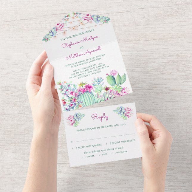 Cactus Succulent String Lights Pink Wedding All In One Invitation (Tearaway)