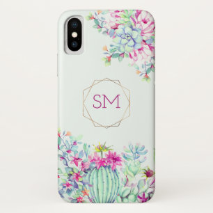 Cactus Succulent Watercolor Geometric Monogram iPhone X Case