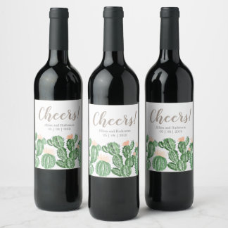 Cactus succulent wedding wine bottle label