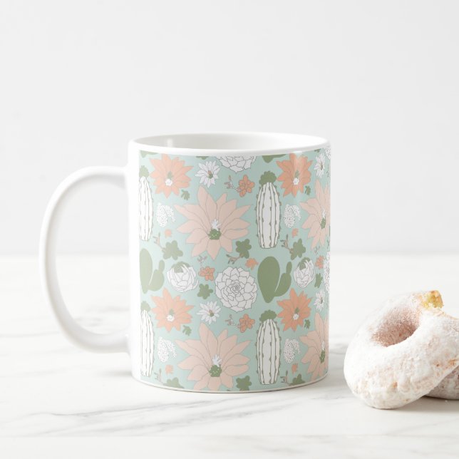 Cactus Succulents Fun Peach Mint Floral Coffee Mug (With Donut)