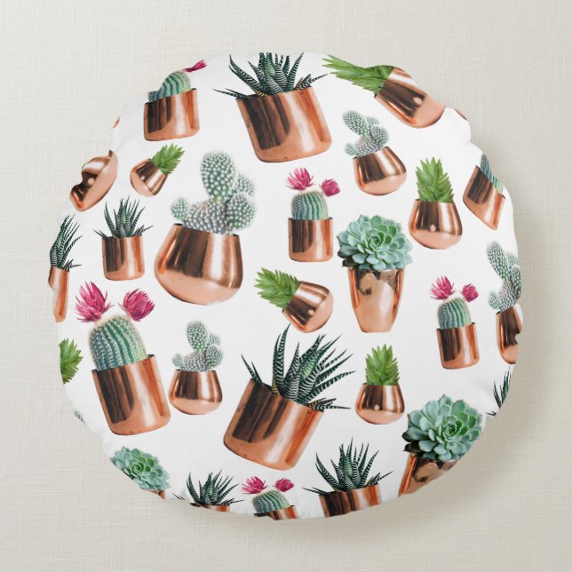 Cactus & Succulents in Rose Gold Pots Round Cushion (Front)