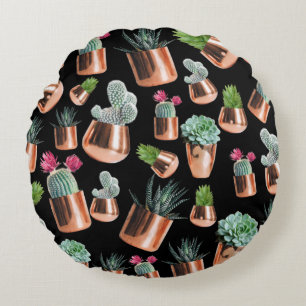 Cactus & Succulents in Rose Gold Pots Round Cushion
