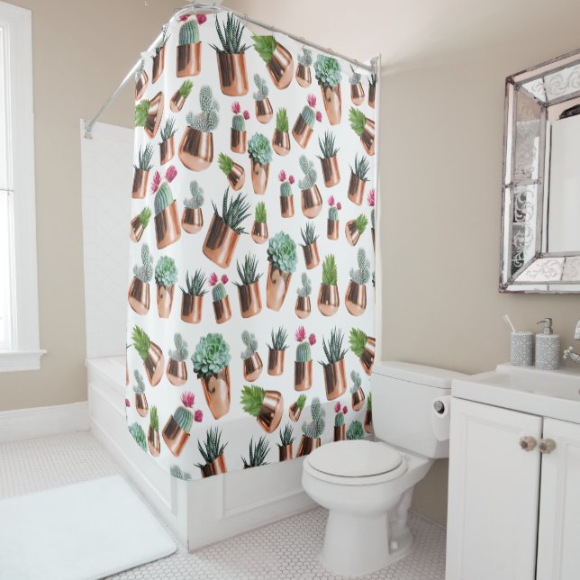 Cactus & Succulents in Rose Gold Pots Shower Curtain (In Situ)