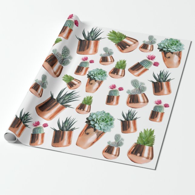 Cactus & Succulents in Rose Gold Pots Wrapping Paper (Unrolled)