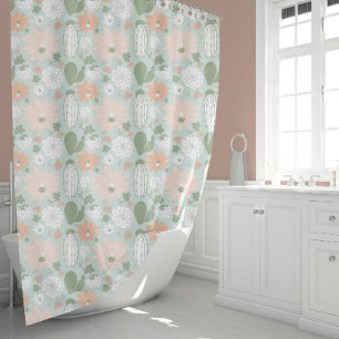 Cactus Succulents Peach Green Floral Shower Curtain