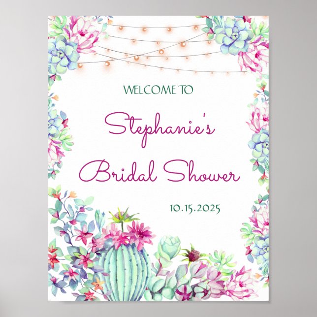 Cactus Succulents String Lights Bridal Shower Poster (Front)