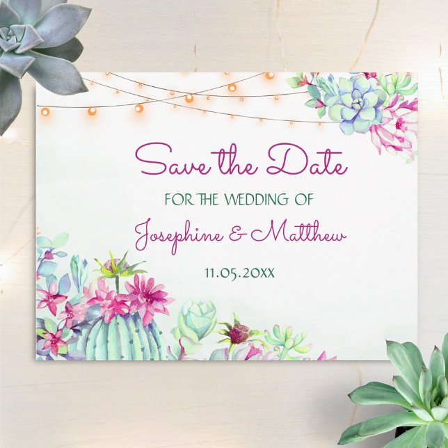 Cactus Succulents String Lights Save the Date Announcement Postcard (Creator Uploaded)