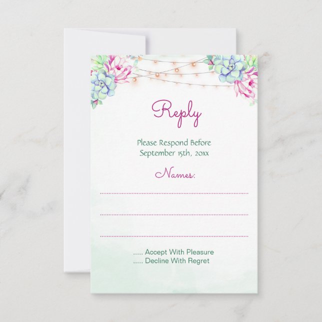 Cactus Succulents String Lights Wedding RSVP Card (Front)